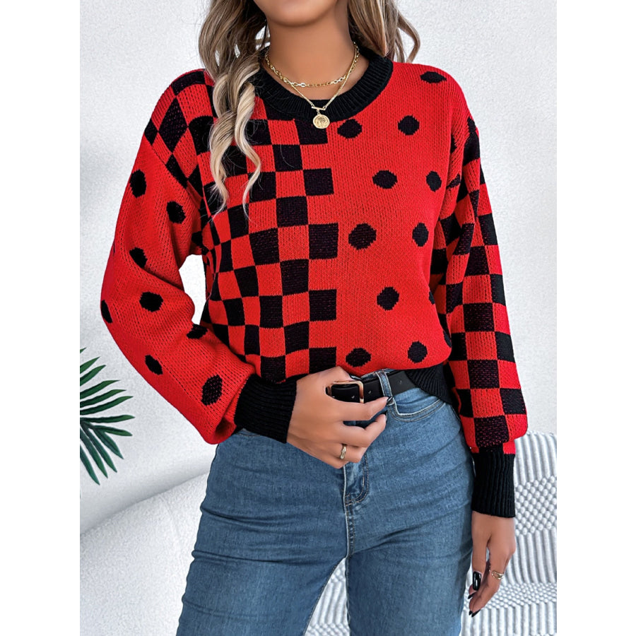 Plaid Round Neck Long Sleeve Sweater Apparel and Accessories