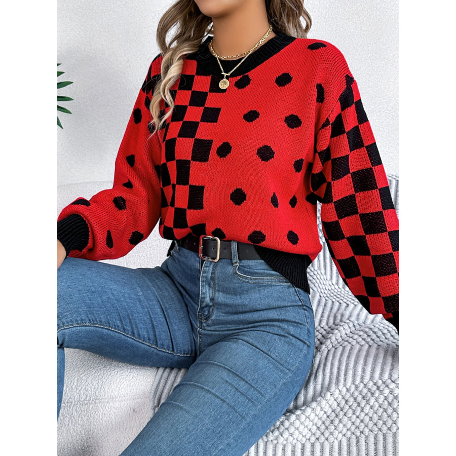 Plaid Round Neck Long Sleeve Sweater Apparel and Accessories