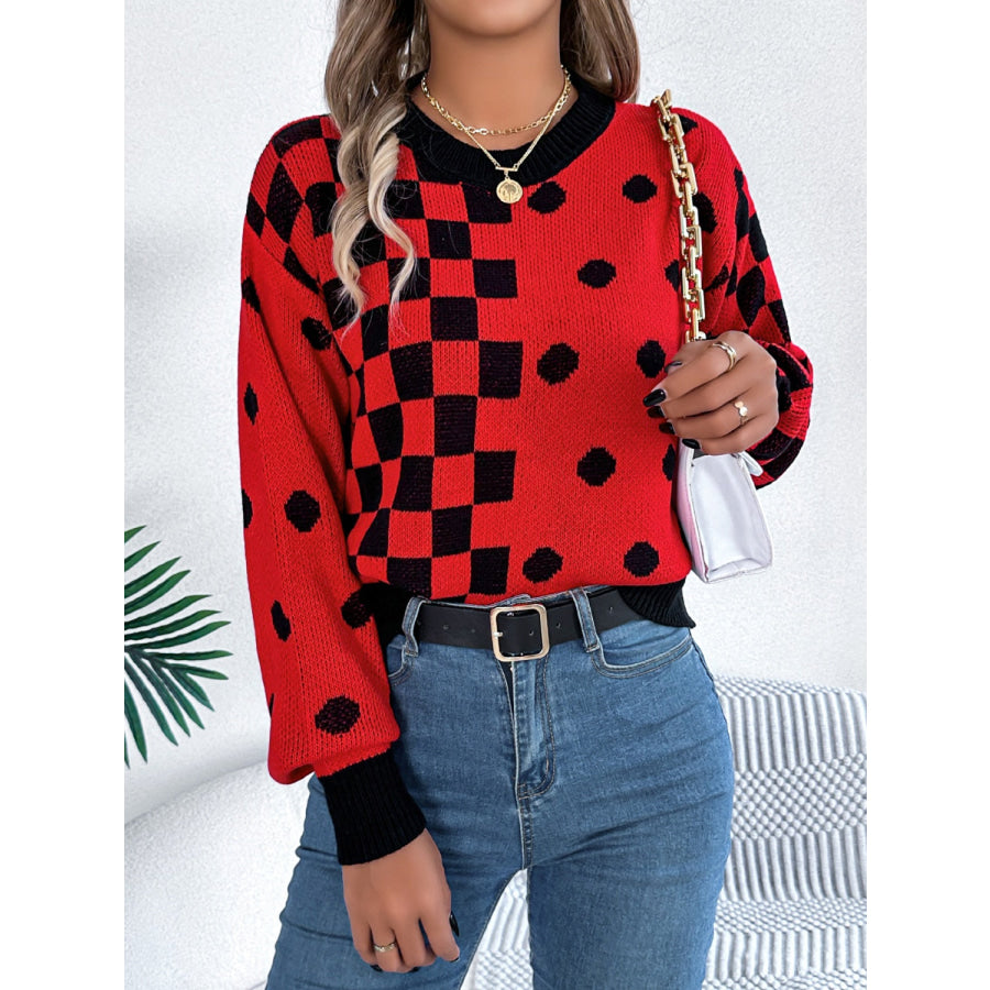 Plaid Round Neck Long Sleeve Sweater Apparel and Accessories