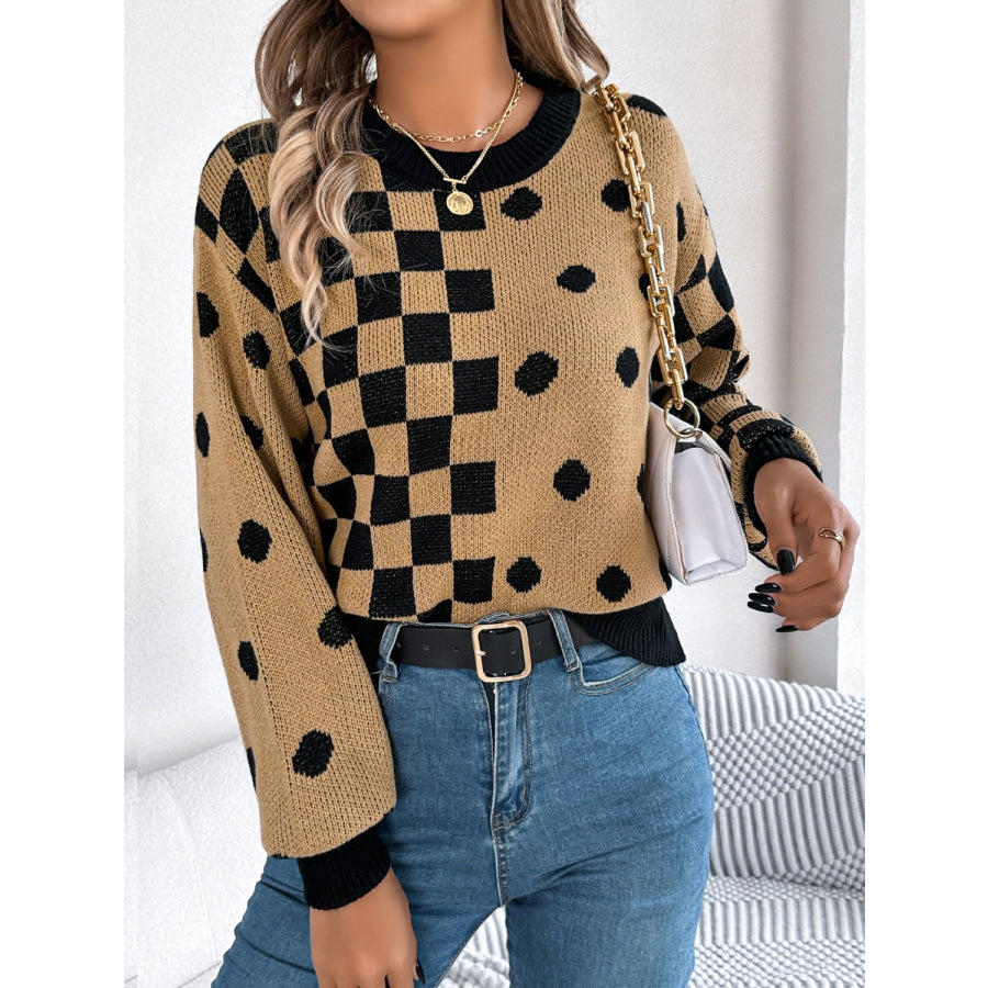 Plaid Round Neck Long Sleeve Sweater Apparel and Accessories