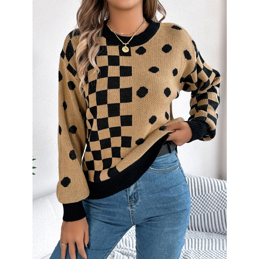 Plaid Round Neck Long Sleeve Sweater Camel / S Apparel and Accessories