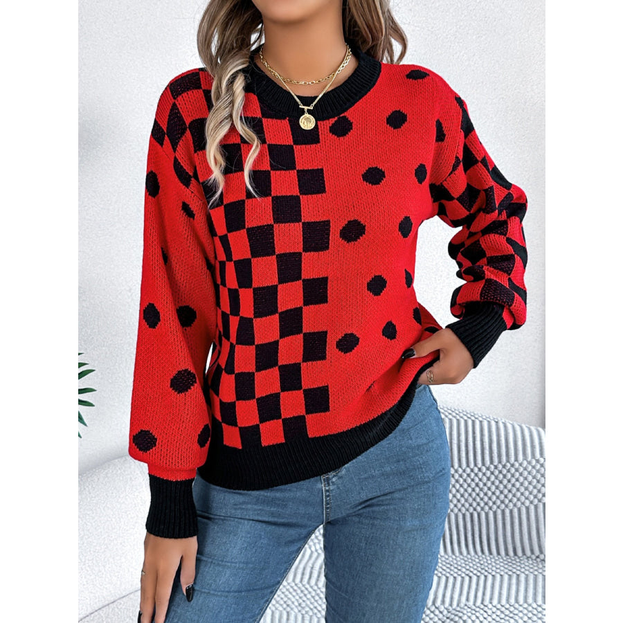 Plaid Round Neck Long Sleeve Sweater Deep Red / S Apparel and Accessories