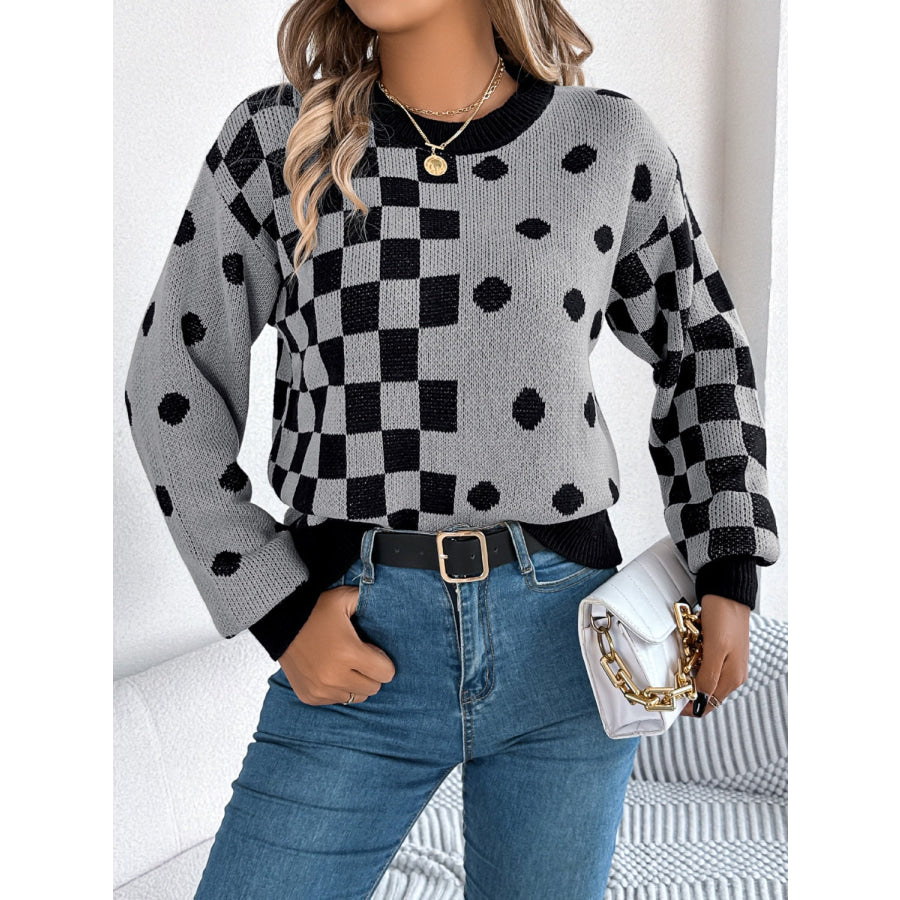 Plaid Round Neck Long Sleeve Sweater Gray / S Apparel and Accessories