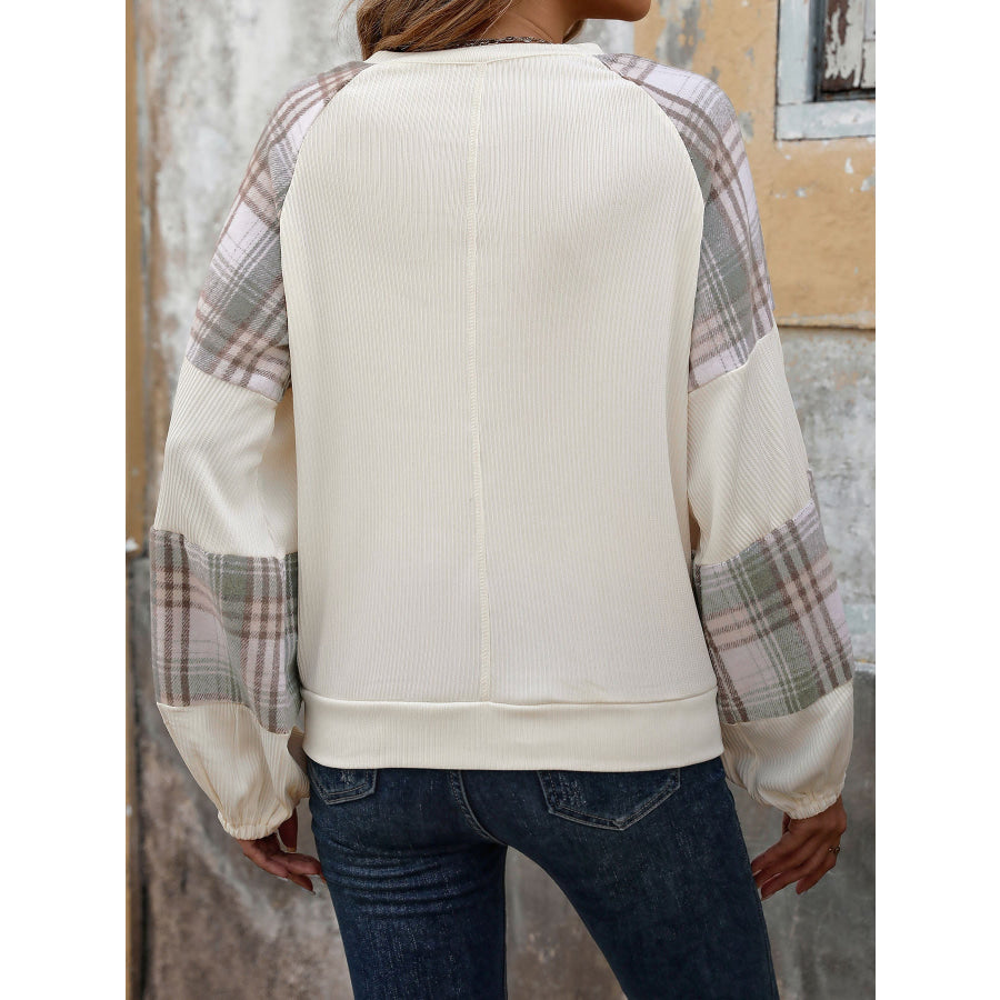 Plaid Round Neck Long Sleeve Sweatshirt Apparel and Accessories