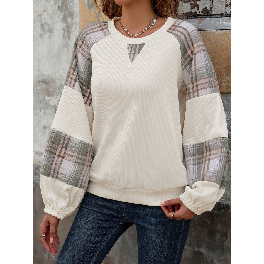 Plaid Round Neck Long Sleeve Sweatshirt Apparel and Accessories