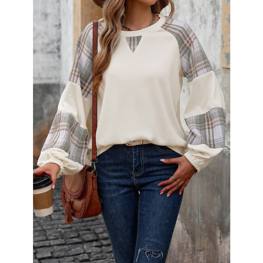 Plaid Round Neck Long Sleeve Sweatshirt Apparel and Accessories