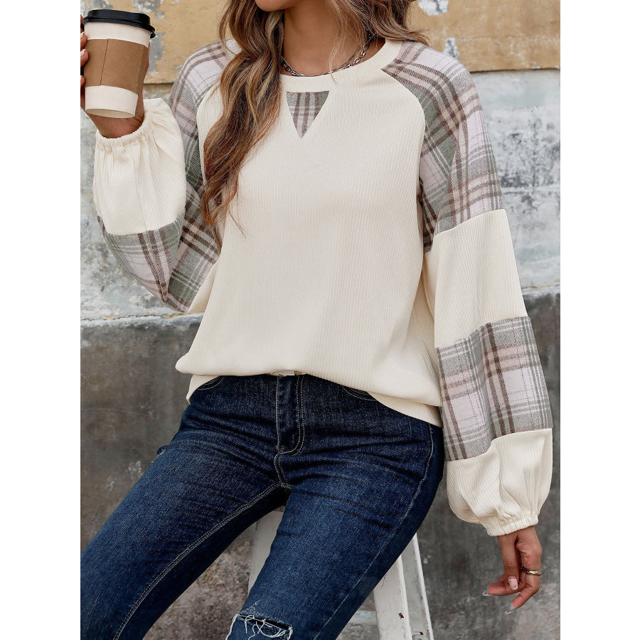 Plaid Round Neck Long Sleeve Sweatshirt Cream / S Apparel and Accessories