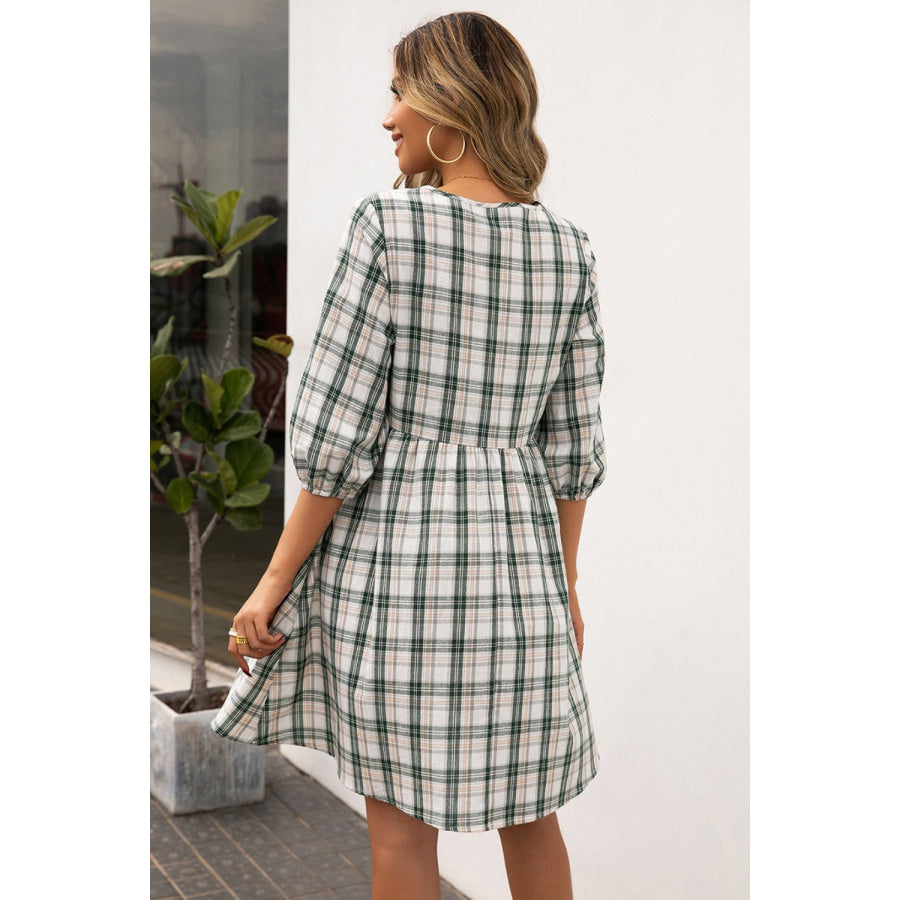 Plaid Round Neck Mini Dress Dark Green / S Apparel and Accessories