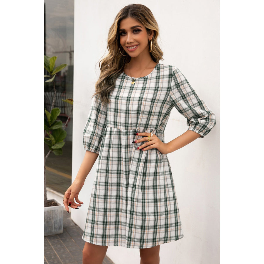 Plaid Round Neck Mini Dress Dark Green / S Apparel and Accessories