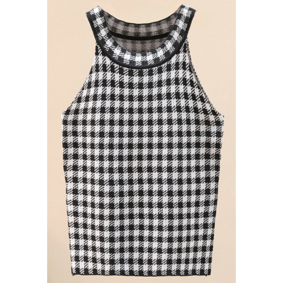 Plaid Round Neck Sleeveless Knit Top Black / One Size