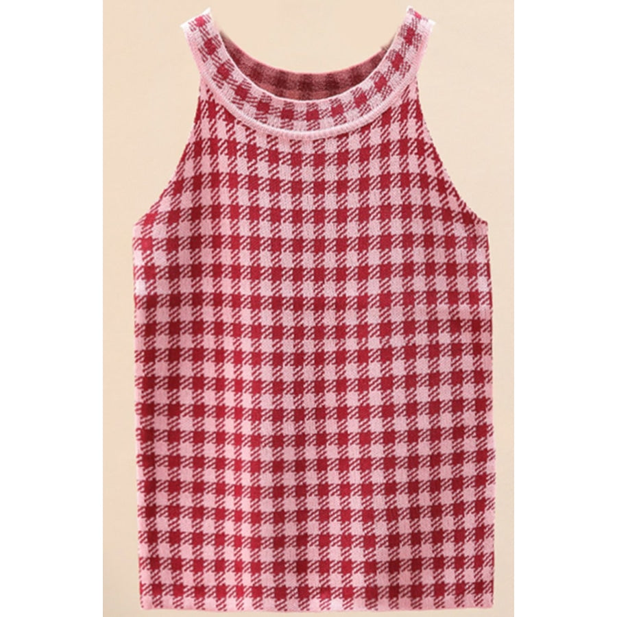 Plaid Round Neck Sleeveless Knit Top Deep Red / One Size