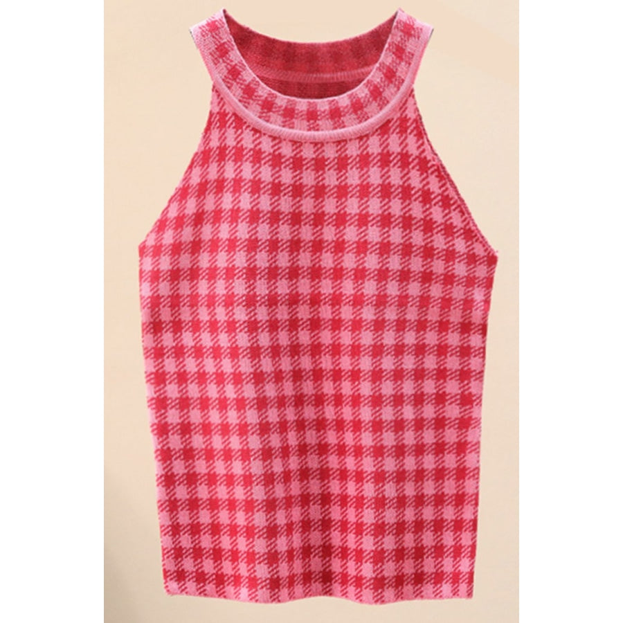 Plaid Round Neck Sleeveless Knit Top Hot Pink / One Size