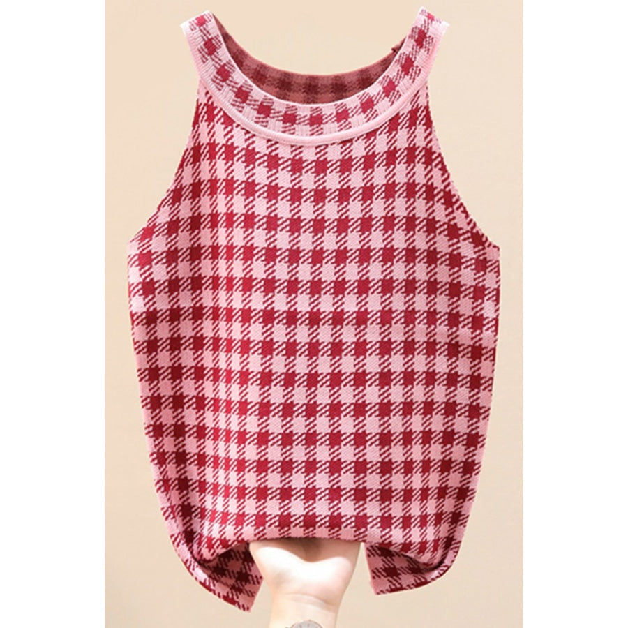 Plaid Round Neck Sleeveless Knit Top