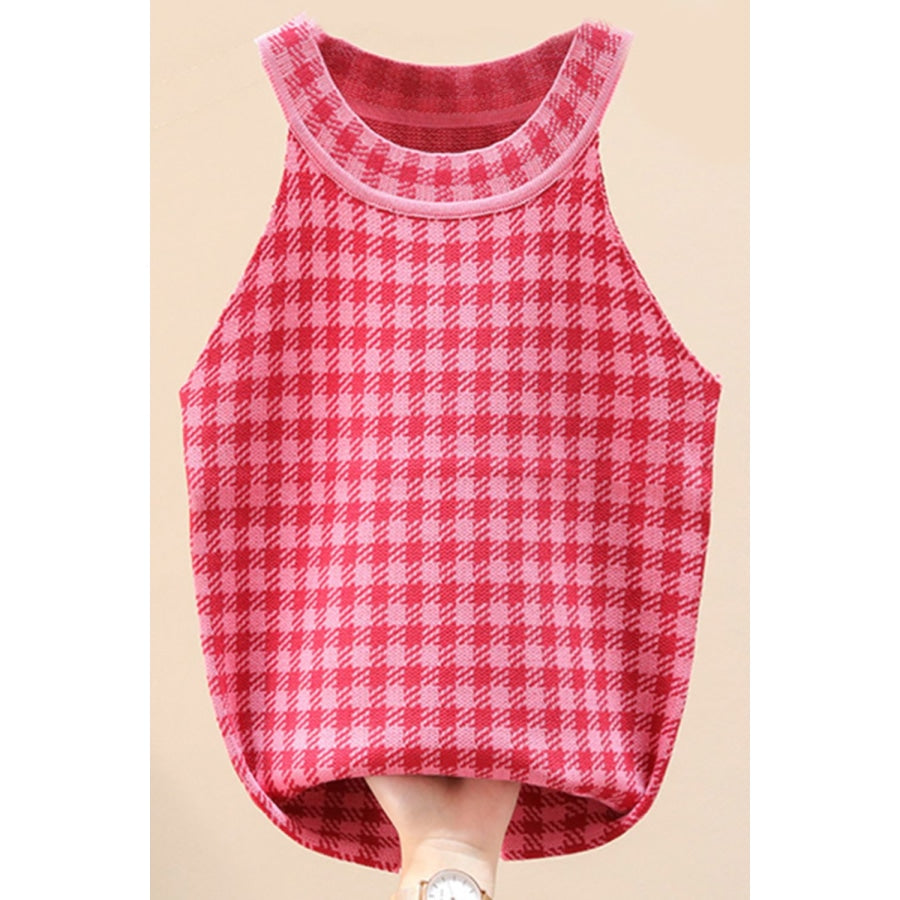 Plaid Round Neck Sleeveless Knit Top