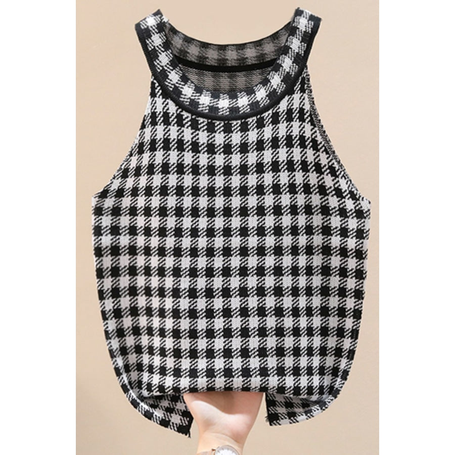 Plaid Round Neck Sleeveless Knit Top