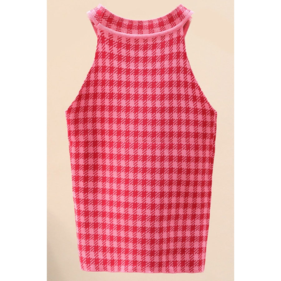 Plaid Round Neck Sleeveless Knit Top