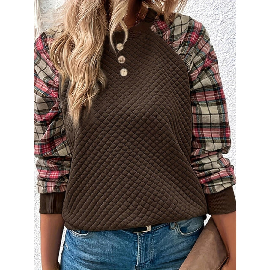 Plaid Round Neck Sweatshirt Chestnut / S Clothing