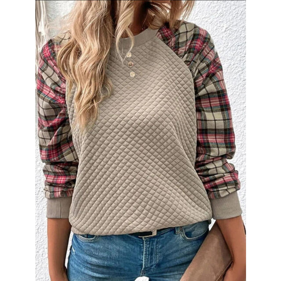 Plaid Round Neck Sweatshirt Dust Storm / S Clothing