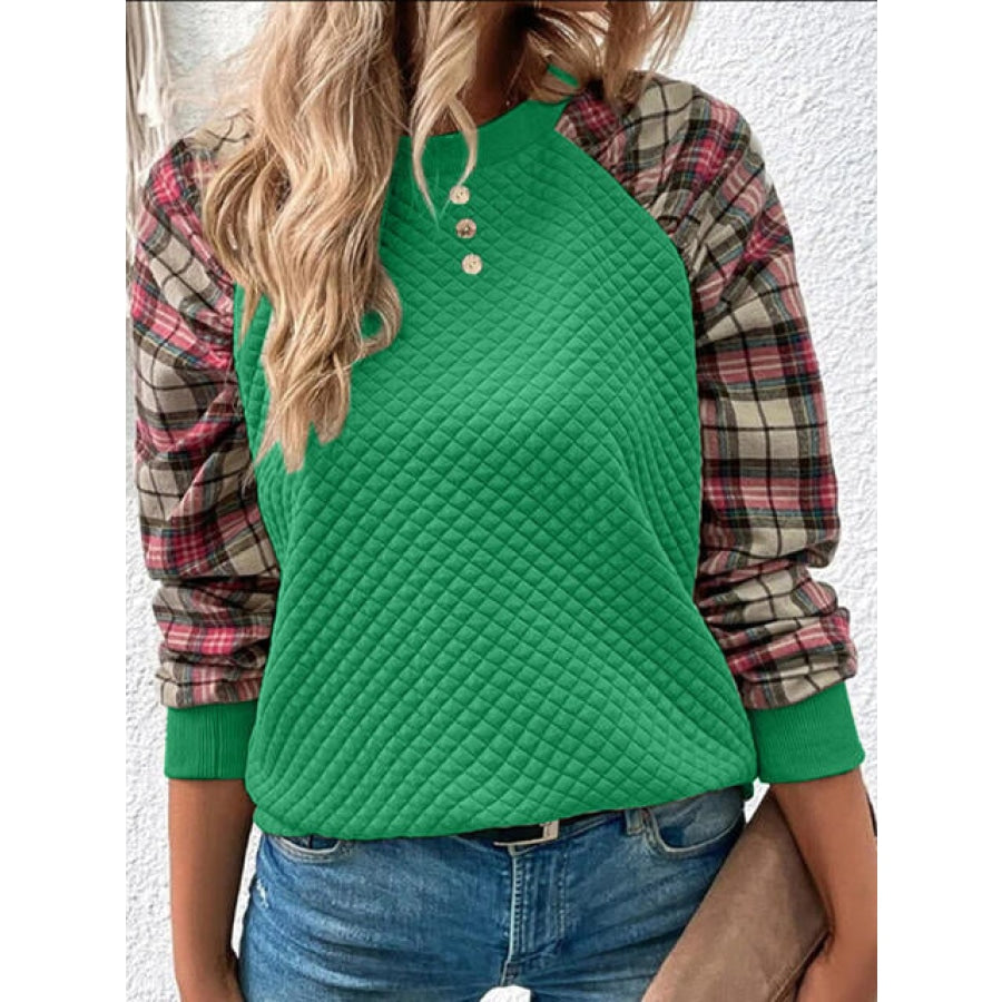 Plaid Round Neck Sweatshirt Mid Green / S Clothing