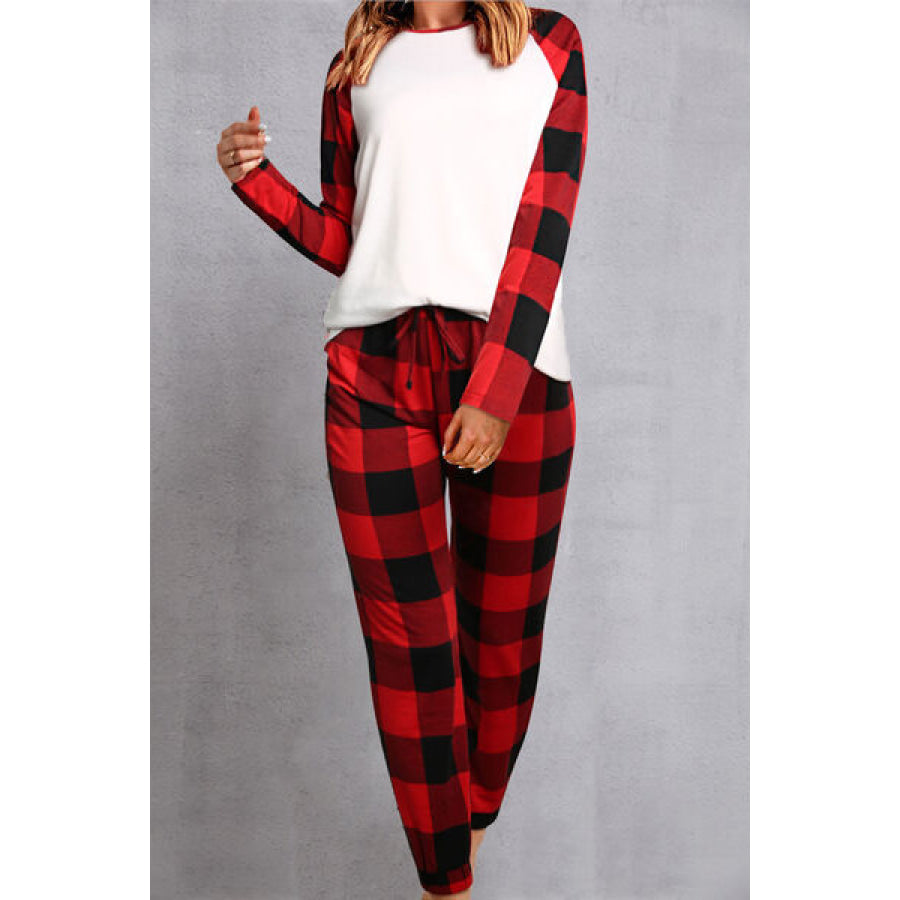 Plaid Round Neck Top and Pants Set Wine / S Apparel Accessories