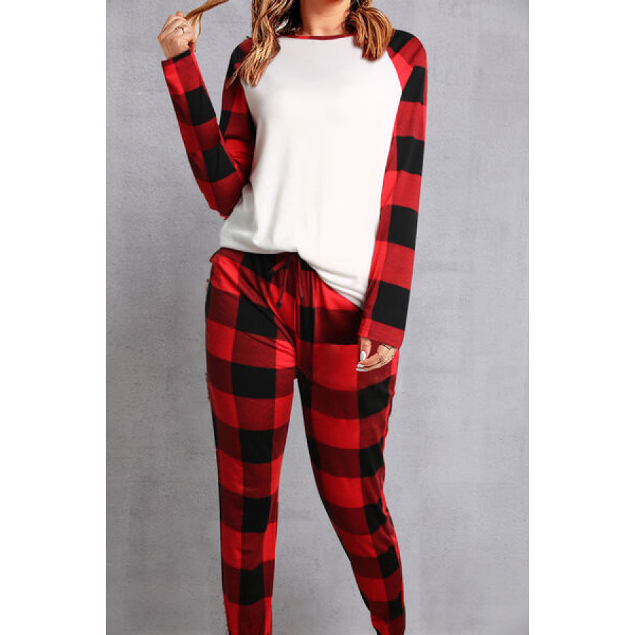 Plaid Round Neck Top and Pants Set Wine / S Apparel Accessories