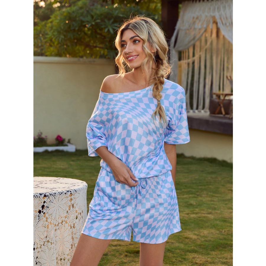 Plaid Round Neck Top and Shorts Lounge Set Apparel and Accessories