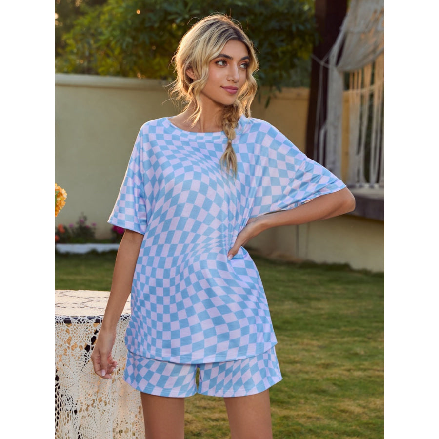 Plaid Round Neck Top and Shorts Lounge Set Apparel and Accessories