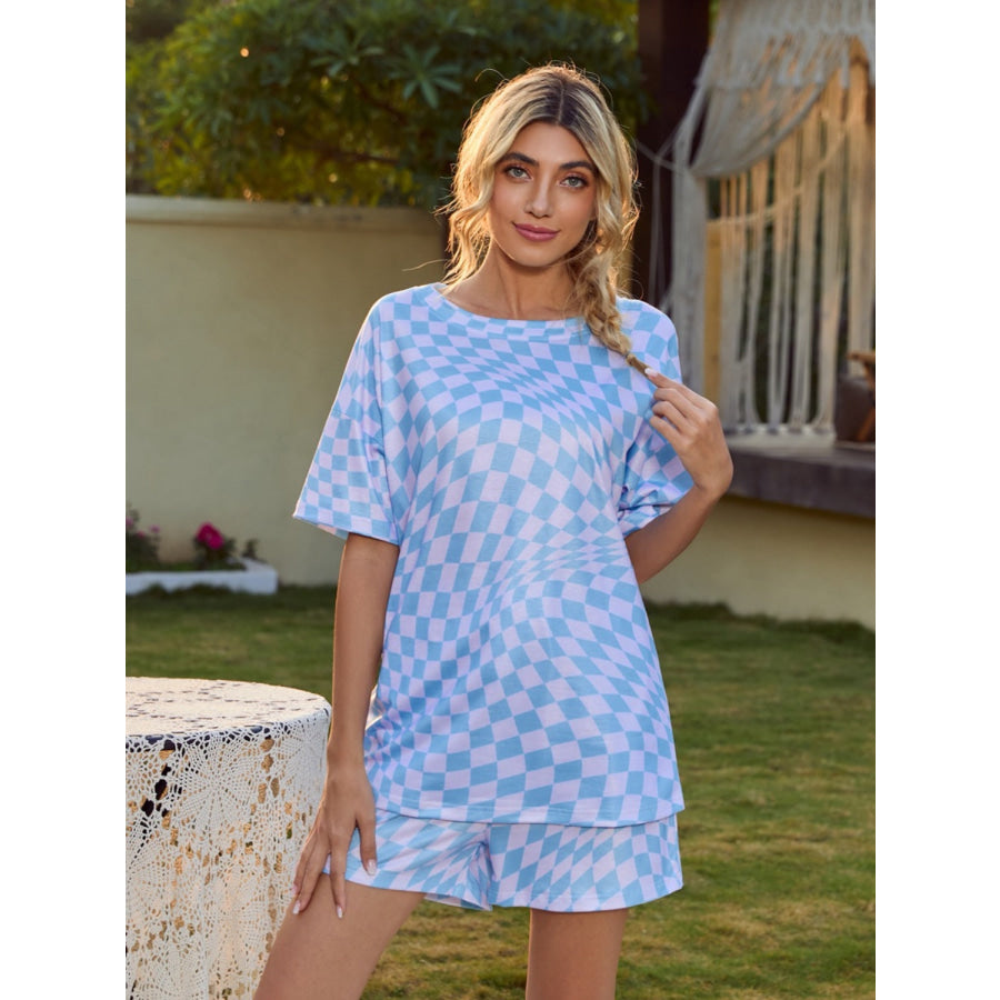 Plaid Round Neck Top and Shorts Lounge Set Pastel Blue / S Apparel and Accessories