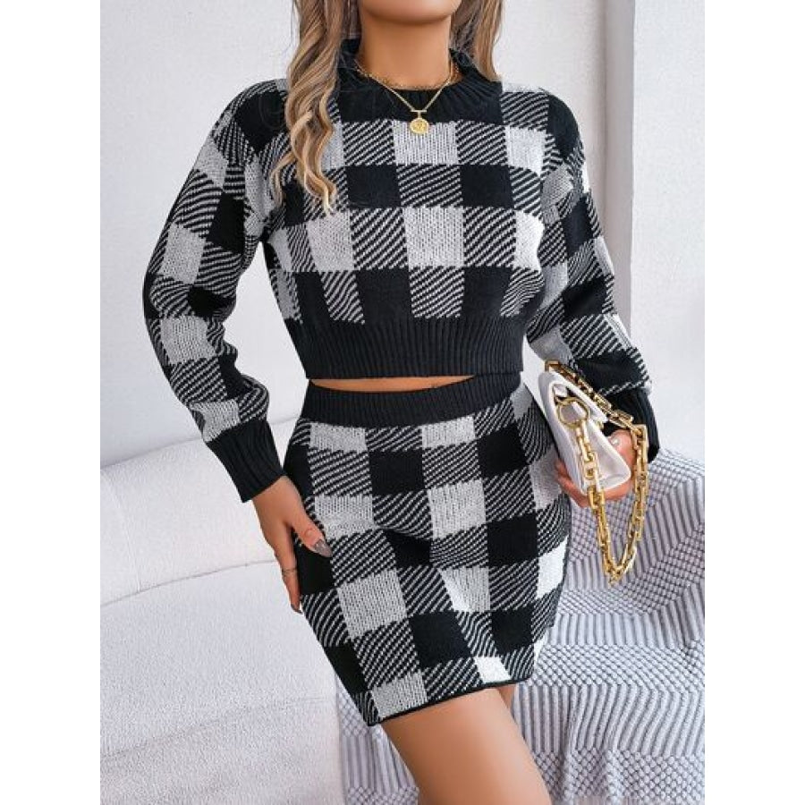Plaid Round Neck Top and Skirt Sweater Set Apparel and Accessories