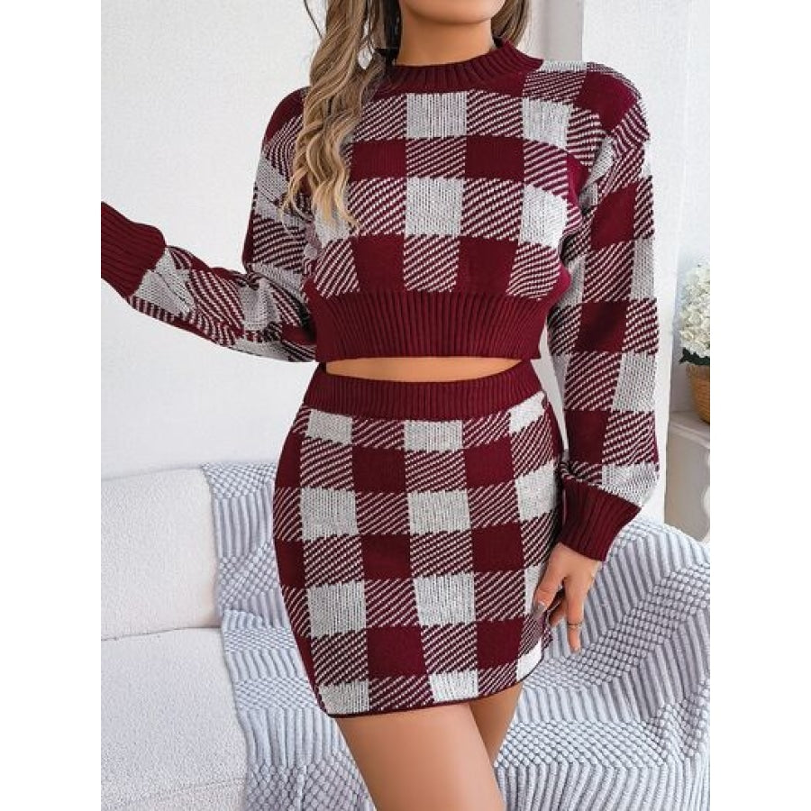 Plaid Round Neck Top and Skirt Sweater Set Apparel and Accessories