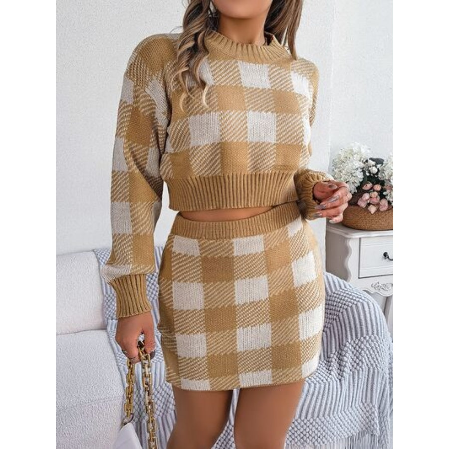 Plaid Round Neck Top and Skirt Sweater Set Apparel and Accessories