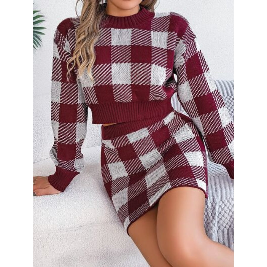 Plaid Round Neck Top and Skirt Sweater Set Apparel and Accessories