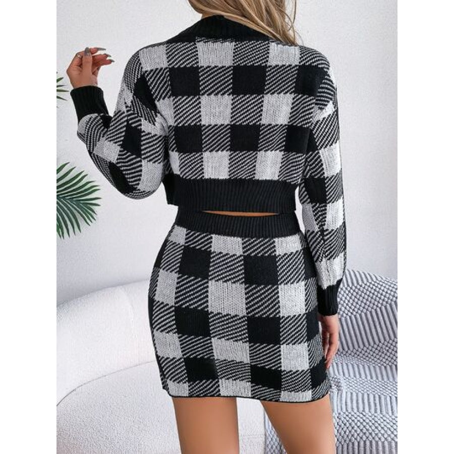 Plaid Round Neck Top and Skirt Sweater Set Apparel and Accessories