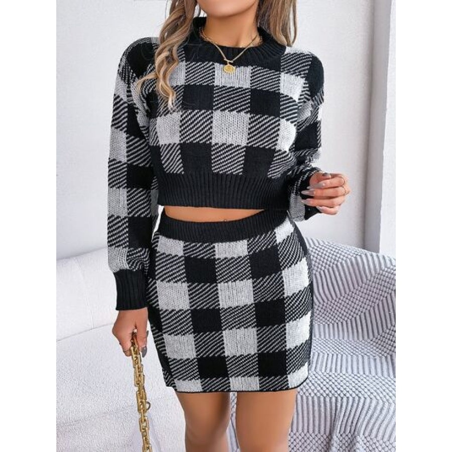 Plaid Round Neck Top and Skirt Sweater Set Black / S Apparel and Accessories