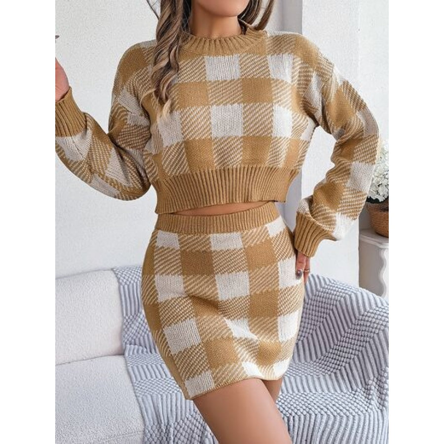 Plaid Round Neck Top and Skirt Sweater Set Tan / S Apparel and Accessories