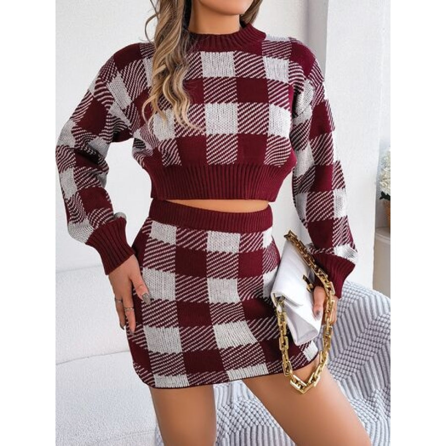 Plaid Round Neck Top and Skirt Sweater Set Wine / S Apparel and Accessories