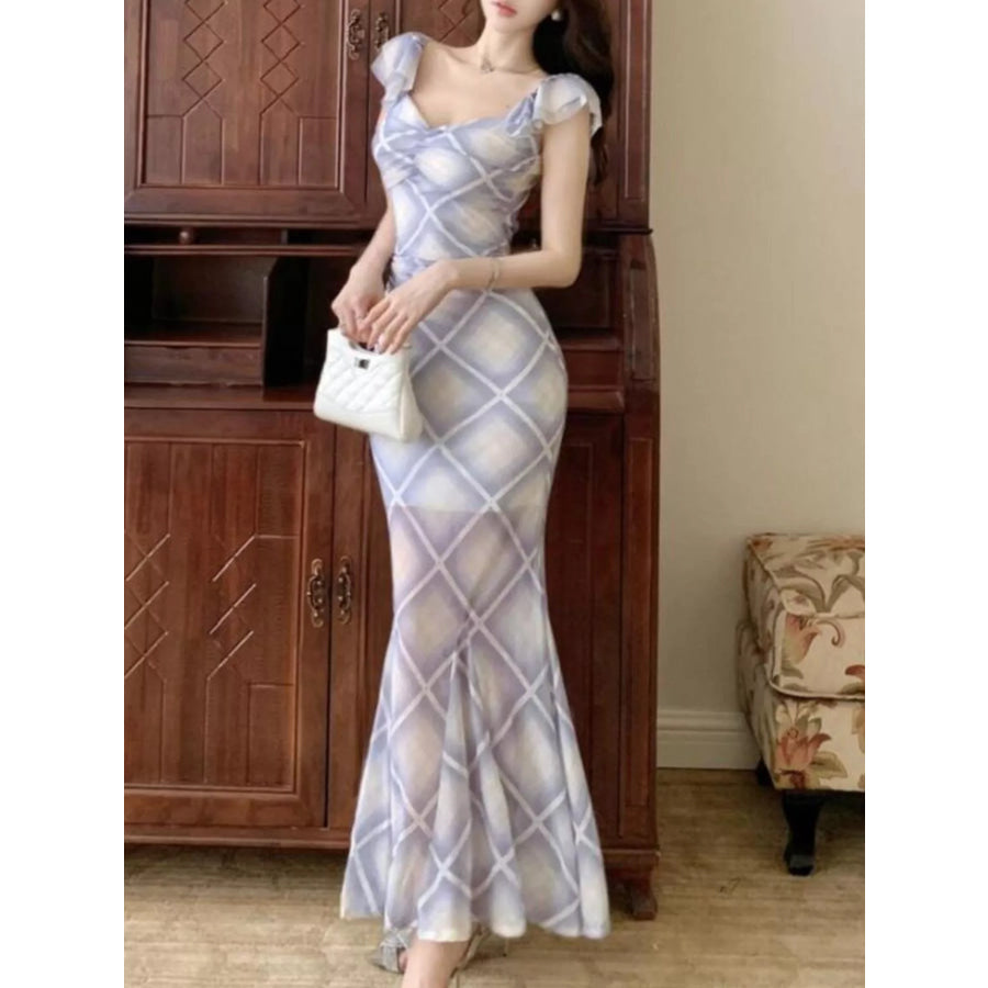 Plaid Ruffle Cap Sleeve Bodycon Maxi Dress Apparel and Accessories