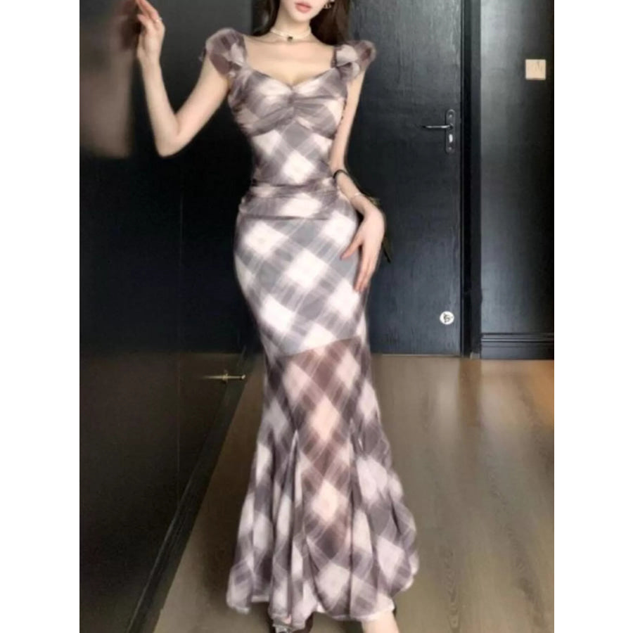 Plaid Ruffle Cap Sleeve Bodycon Maxi Dress Apparel and Accessories
