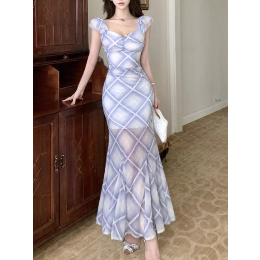 Plaid Ruffle Cap Sleeve Bodycon Maxi Dress Apparel and Accessories