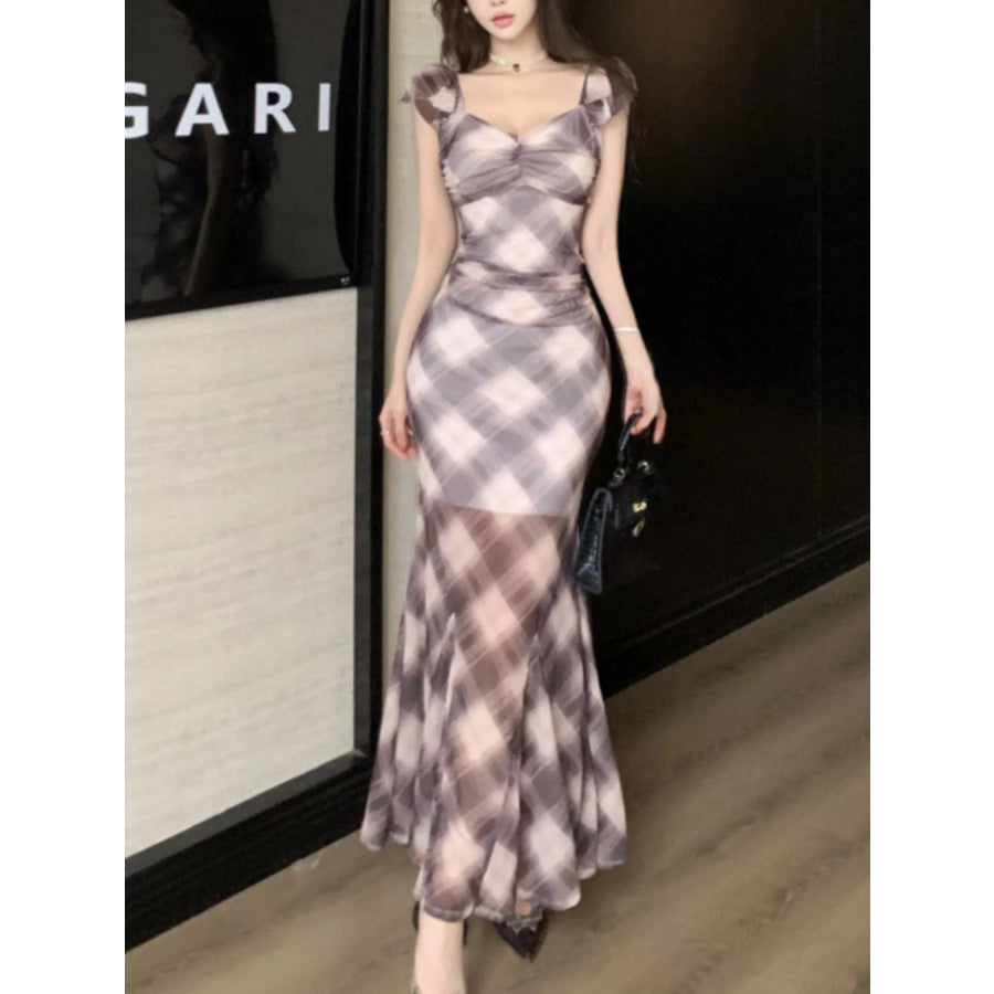 Plaid Ruffle Cap Sleeve Bodycon Maxi Dress Apparel and Accessories