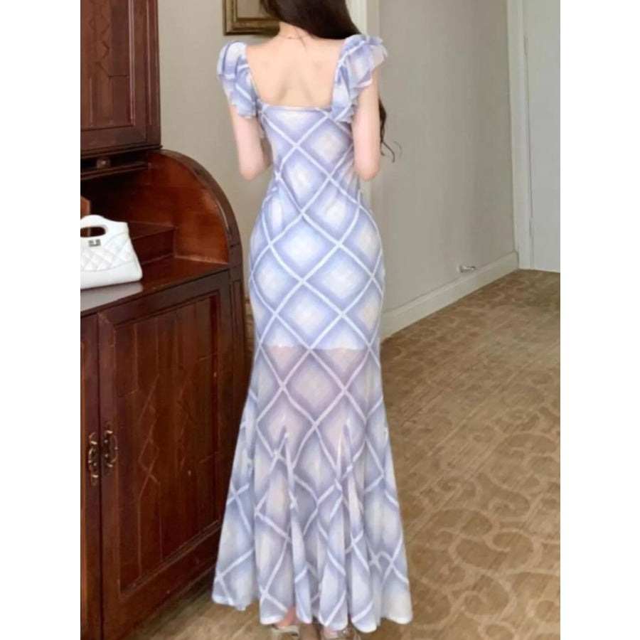 Plaid Ruffle Cap Sleeve Bodycon Maxi Dress Apparel and Accessories