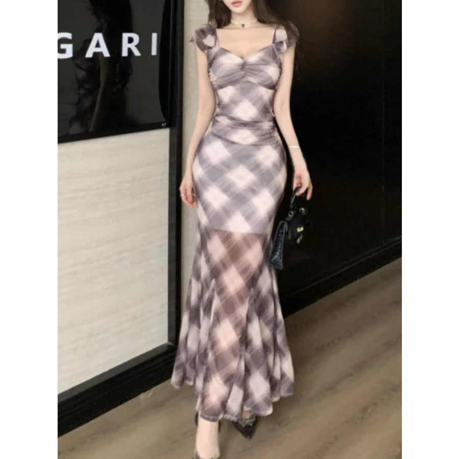 Plaid Ruffle Cap Sleeve Bodycon Maxi Dress Apparel and Accessories