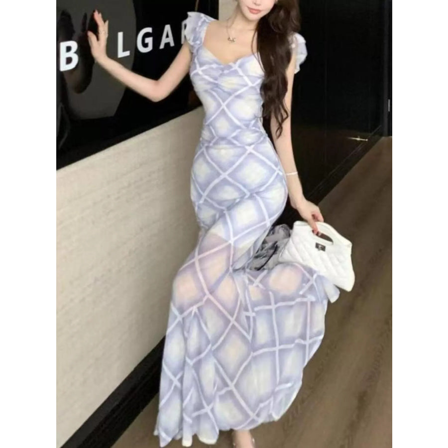 Plaid Ruffle Cap Sleeve Bodycon Maxi Dress Apparel and Accessories
