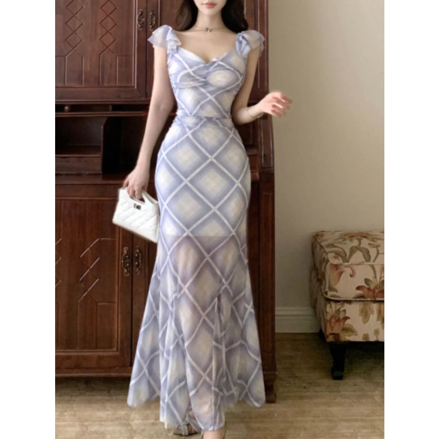 Plaid Ruffle Cap Sleeve Bodycon Maxi Dress Apparel and Accessories
