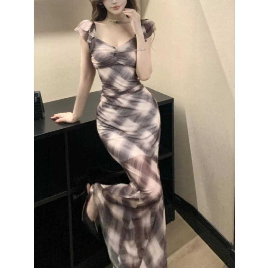 Plaid Ruffle Cap Sleeve Bodycon Maxi Dress Apparel and Accessories