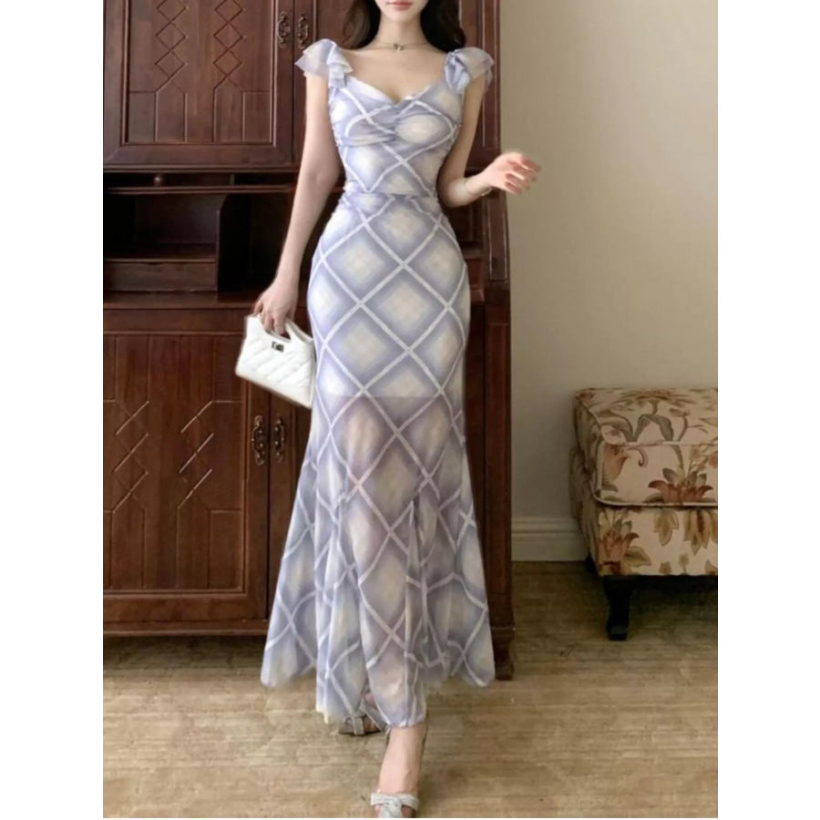 Plaid Ruffle Cap Sleeve Bodycon Maxi Dress Apparel and Accessories