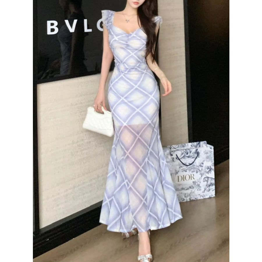 Plaid Ruffle Cap Sleeve Bodycon Maxi Dress Blue / S Apparel and Accessories