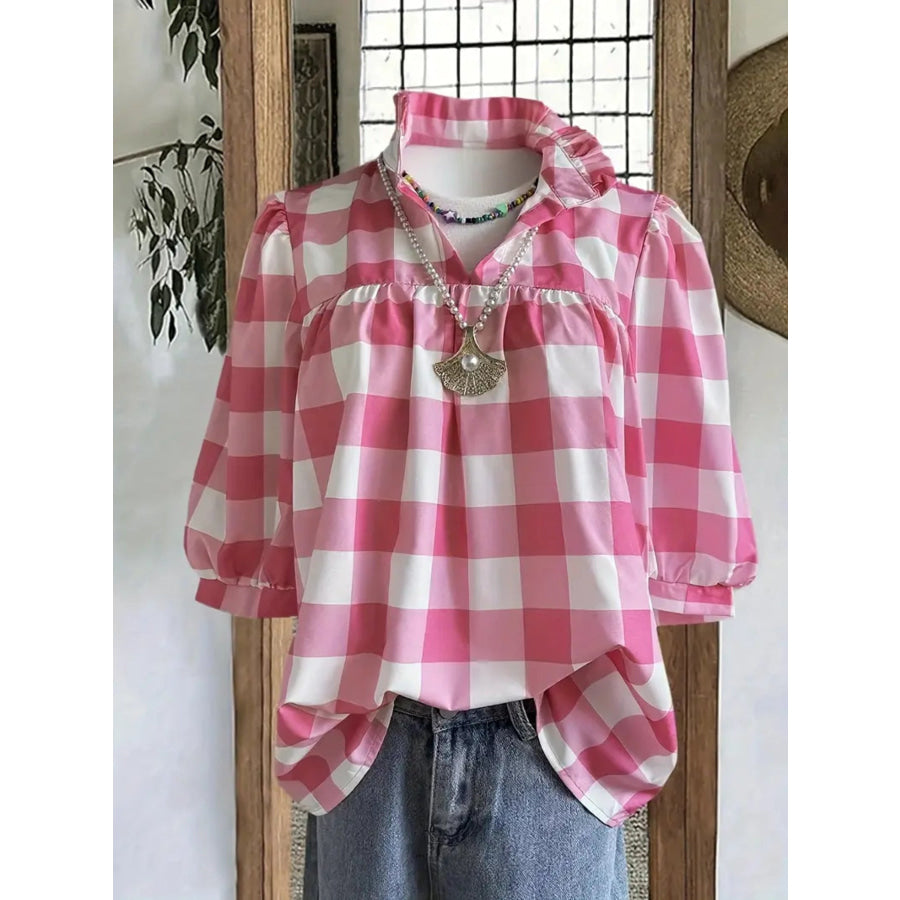 Plaid Ruffle Collar Blouse Pink / S Apparel and Accessories