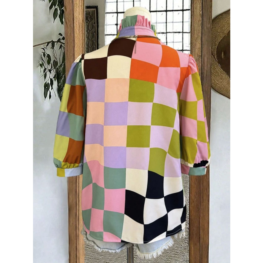 Plaid Ruffle Collar Half Sleeve Blouse Apparel and Accessories