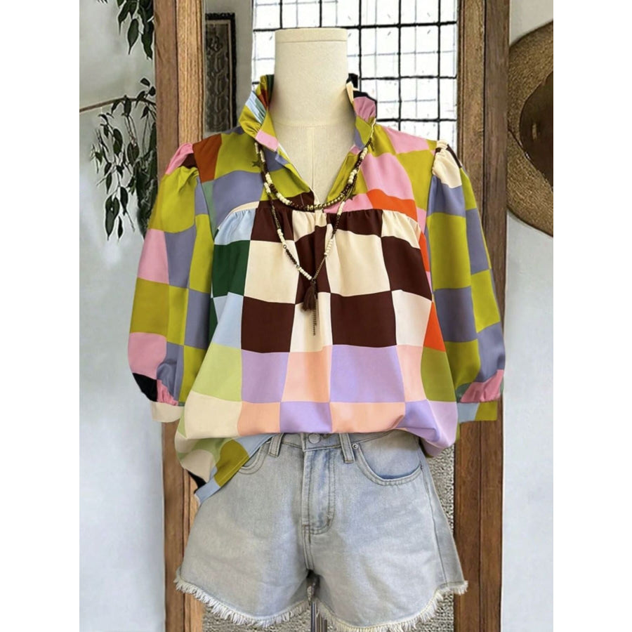 Plaid Ruffle Collar Half Sleeve Blouse Plaid / S Apparel and Accessories